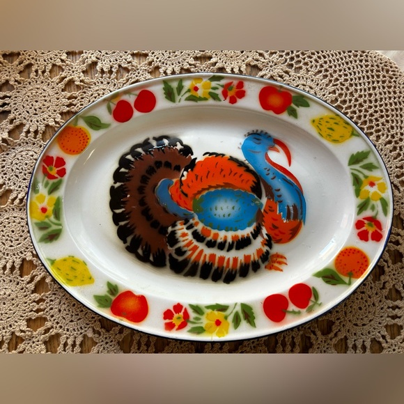 Vintage Enamelware Thanksgiving Tray Autumn Platter Turkey Platter Holiday 17” - Picture 1 of 6